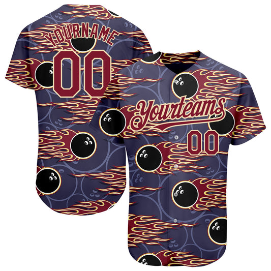 Custom Purple Crimson-City Cream 3D Pattern Design Bowling Ball With Hotrod Flame Authentic Baseball Jersey - Sky-Custom