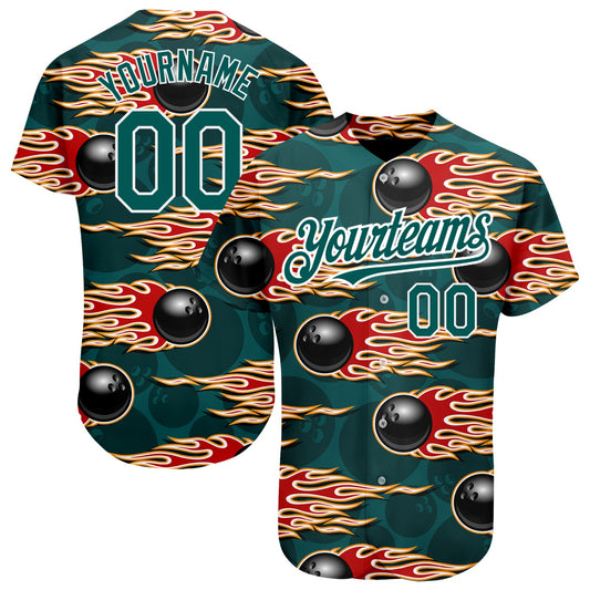 Custom Midnight Green White 3D Pattern Design Bowling Ball With Hotrod Flame Authentic Baseball Jersey - Sky-Custom