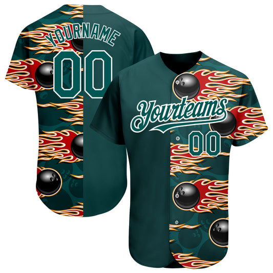 Custom Midnight Green White 3D Pattern Design Bowling Ball With Hotrod Flame Authentic Baseball Jersey - Sky-Custom
