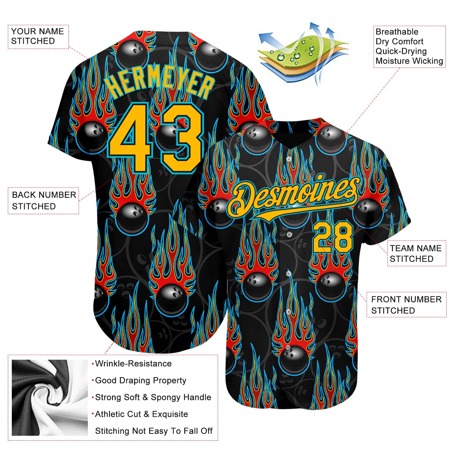 Custom Black Gold-Lakes Blue 3D Pattern Design Bowling Ball With Hotrod Flame Authentic Baseball Jersey - Sky-Custom