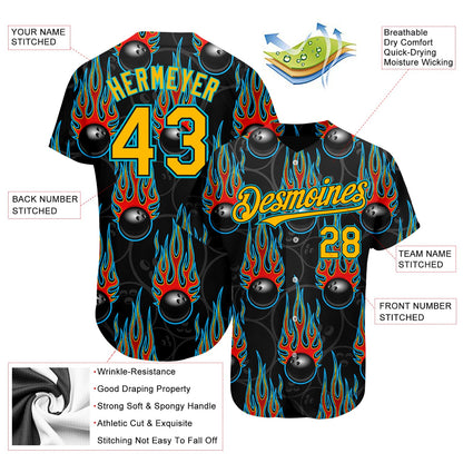 Custom Black Gold-Lakes Blue 3D Pattern Design Bowling Ball With Hotrod Flame Authentic Baseball Jersey - Sky-Custom