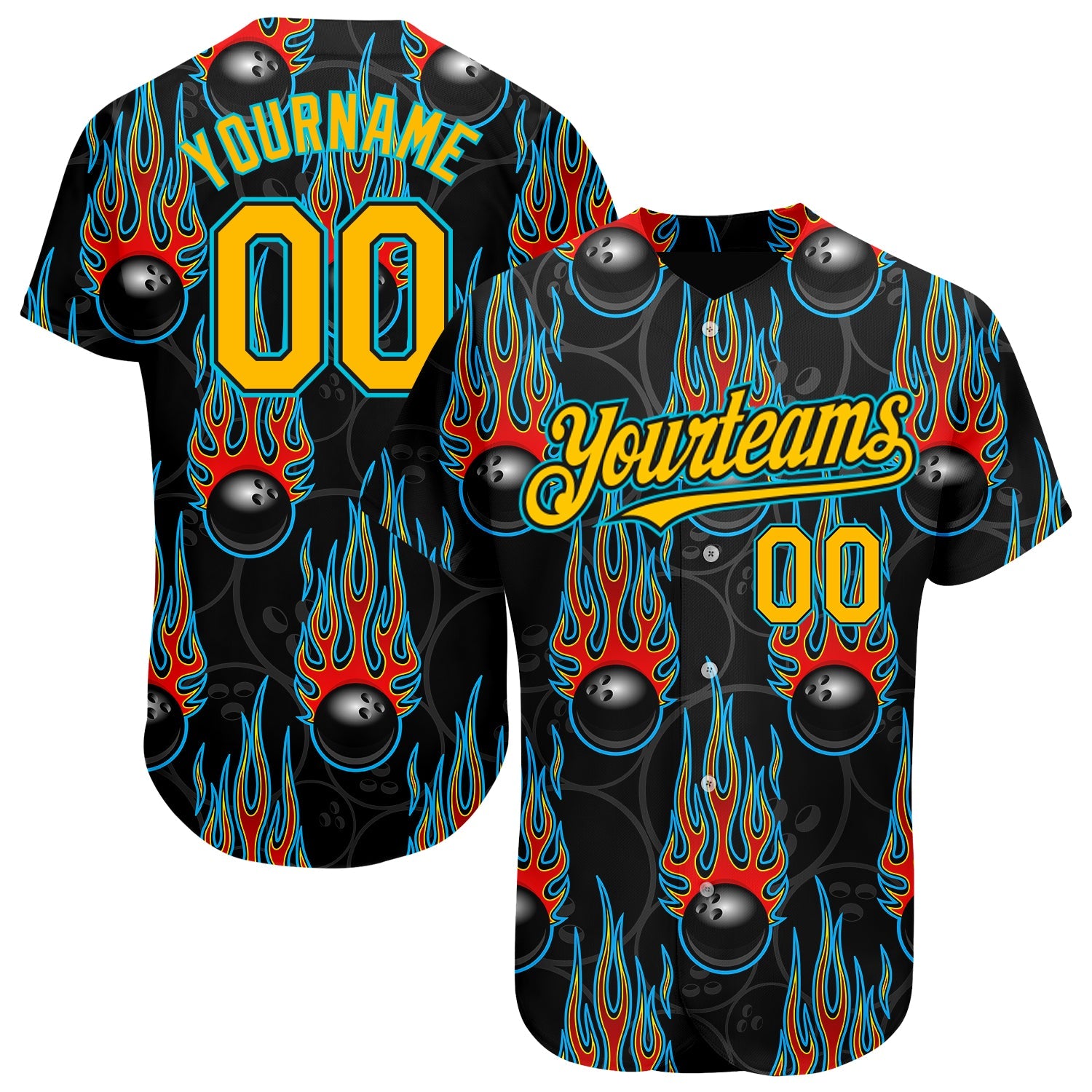 Custom Black Gold-Lakes Blue 3D Pattern Design Bowling Ball With Hotrod Flame Authentic Baseball Jersey - Sky-Custom