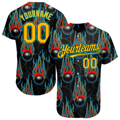 Custom Black Gold-Lakes Blue 3D Pattern Design Bowling Ball With Hotrod Flame Authentic Baseball Jersey - Sky-Custom