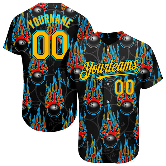 Custom Black Gold-Lakes Blue 3D Pattern Design Bowling Ball With Hotrod Flame Authentic Baseball Jersey - Sky-Custom