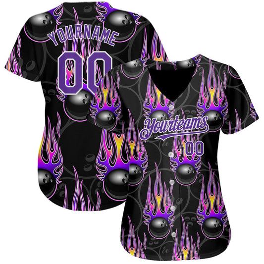 Custom Black Purple-White 3D Pattern Design Bowling Ball With Hotrod Flame Authentic Baseball Jersey - Sky-Custom