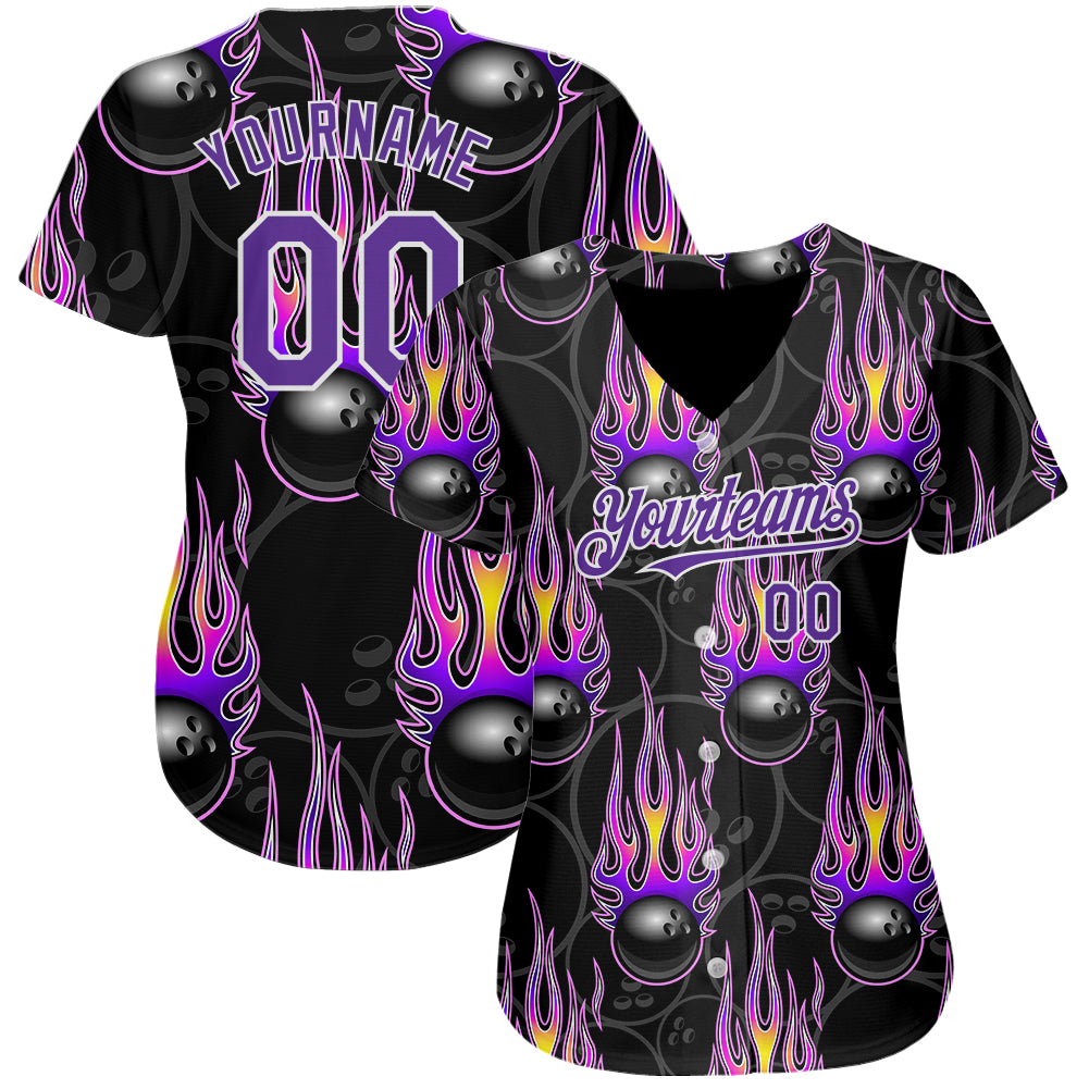 Custom Black Purple-White 3D Pattern Design Bowling Ball With Hotrod Flame Authentic Baseball Jersey - Sky-Custom