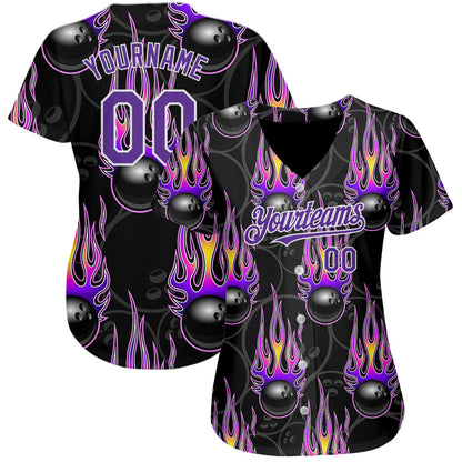 Custom Black Purple-White 3D Pattern Design Bowling Ball With Hotrod Flame Authentic Baseball Jersey - Sky-Custom