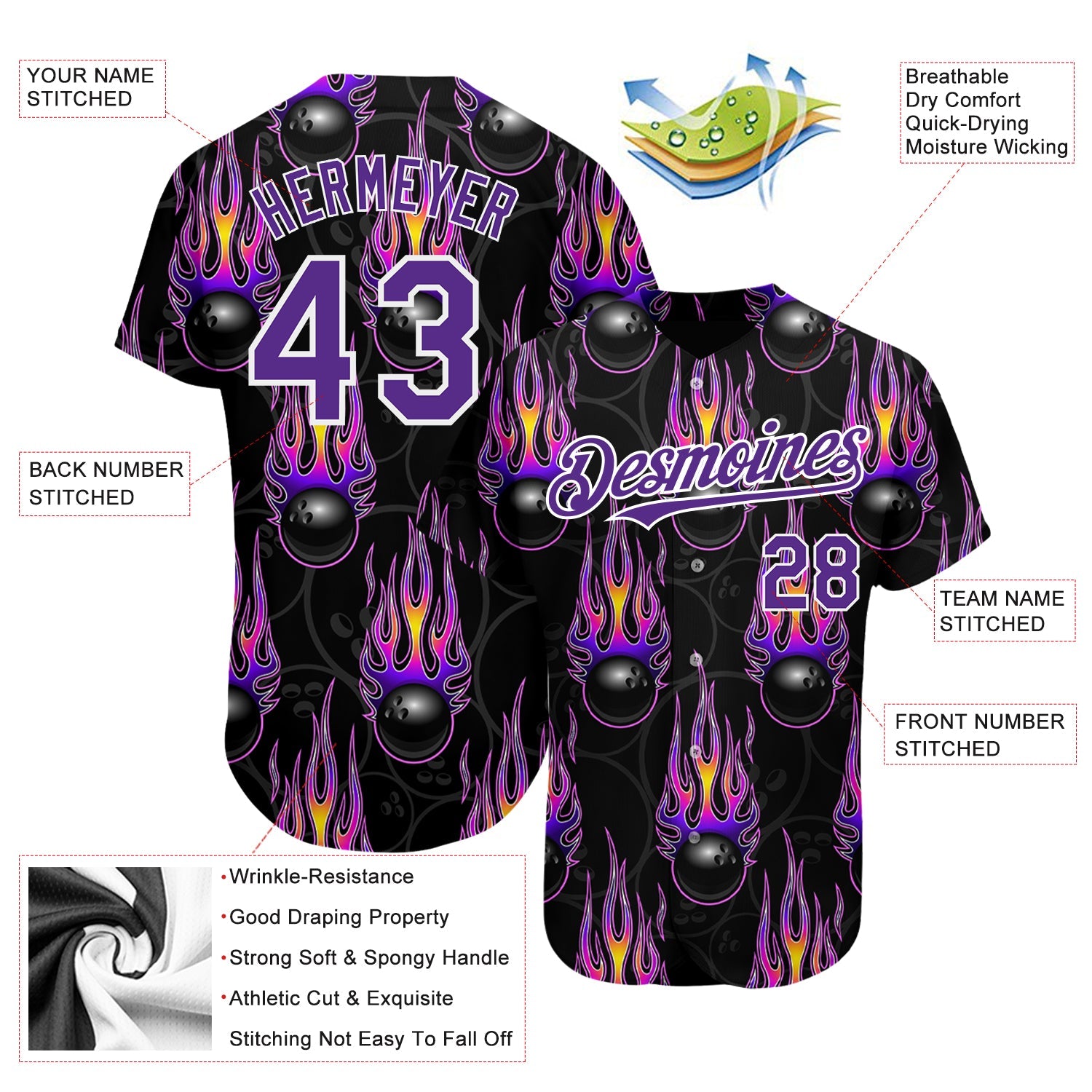 Custom Black Purple-White 3D Pattern Design Bowling Ball With Hotrod Flame Authentic Baseball Jersey - Sky-Custom