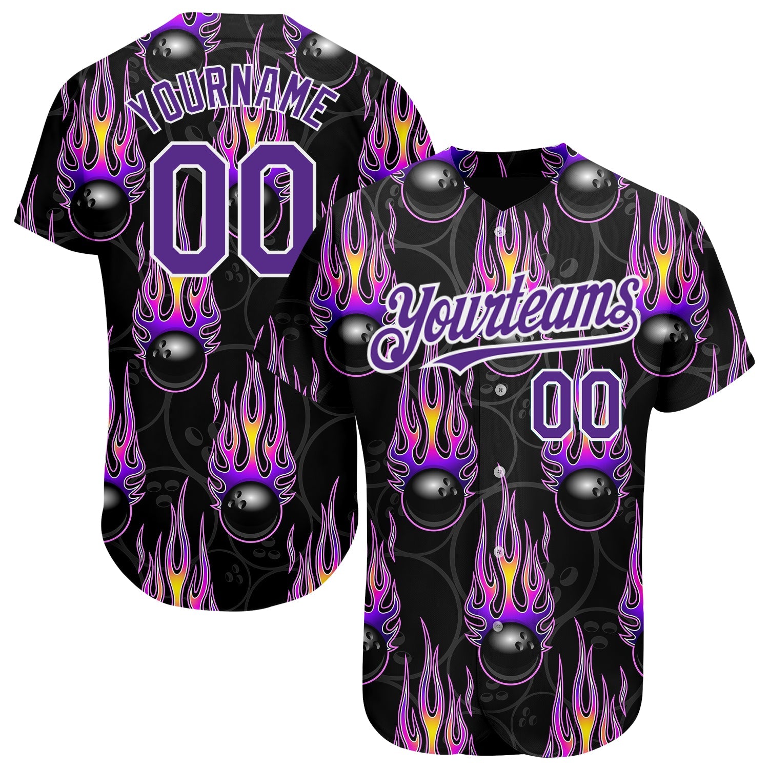 Custom Black Purple-White 3D Pattern Design Bowling Ball With Hotrod Flame Authentic Baseball Jersey - Sky-Custom