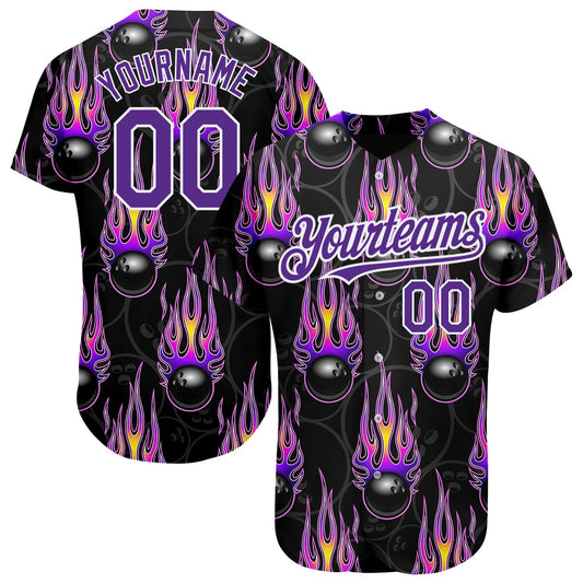 Custom Black Purple-White 3D Pattern Design Bowling Ball With Hotrod Flame Authentic Baseball Jersey - Sky-Custom