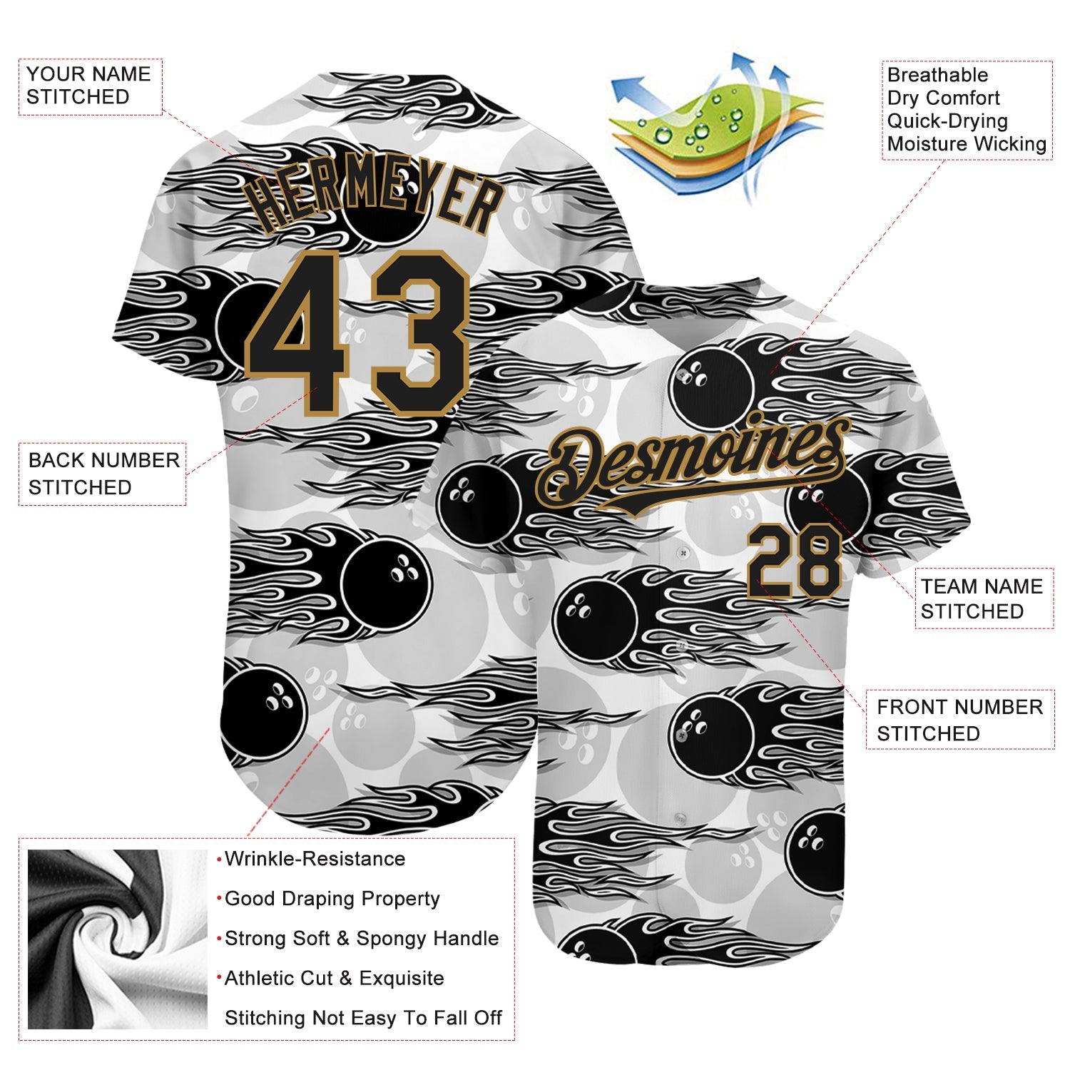 Custom White Black-Old Gold 3D Pattern Design Bowling Ball With Hotrod Flame Authentic Baseball Jersey - Sky-Custom