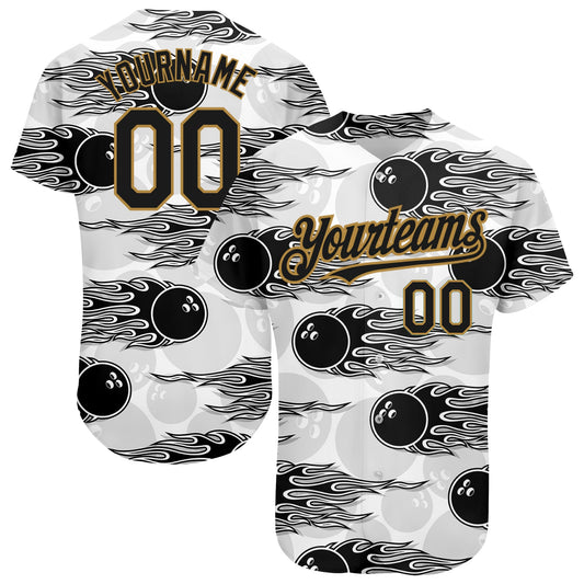 Custom White Black-Old Gold 3D Pattern Design Bowling Ball With Hotrod Flame Authentic Baseball Jersey - Sky-Custom