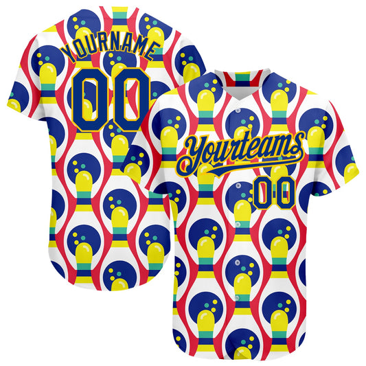 Custom White Royal-Yellow 3D Pattern Design Bowling Authentic Baseball Jersey - Sky-Custom