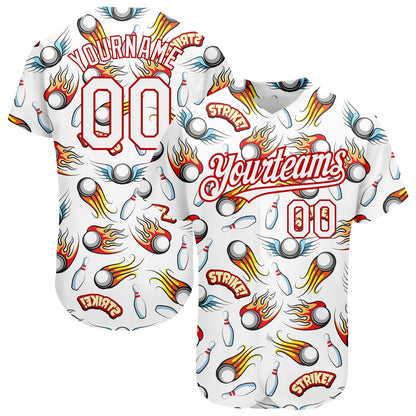 Custom White Red 3D Pattern Design Firely Bowling Authentic Baseball Jersey - Sky-Custom
