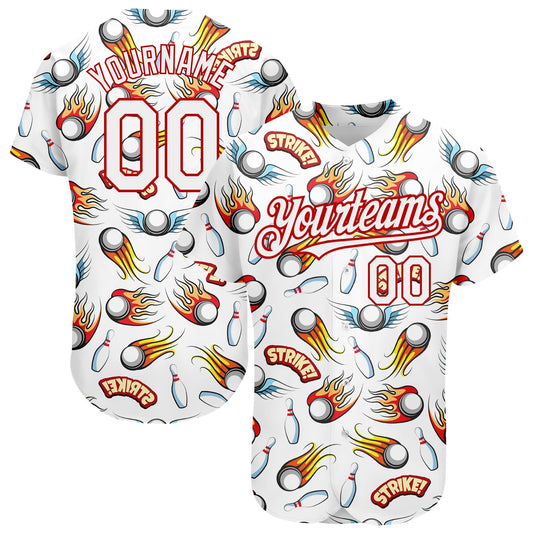 Custom White Red 3D Pattern Design Firely Bowling Authentic Baseball Jersey - Sky-Custom