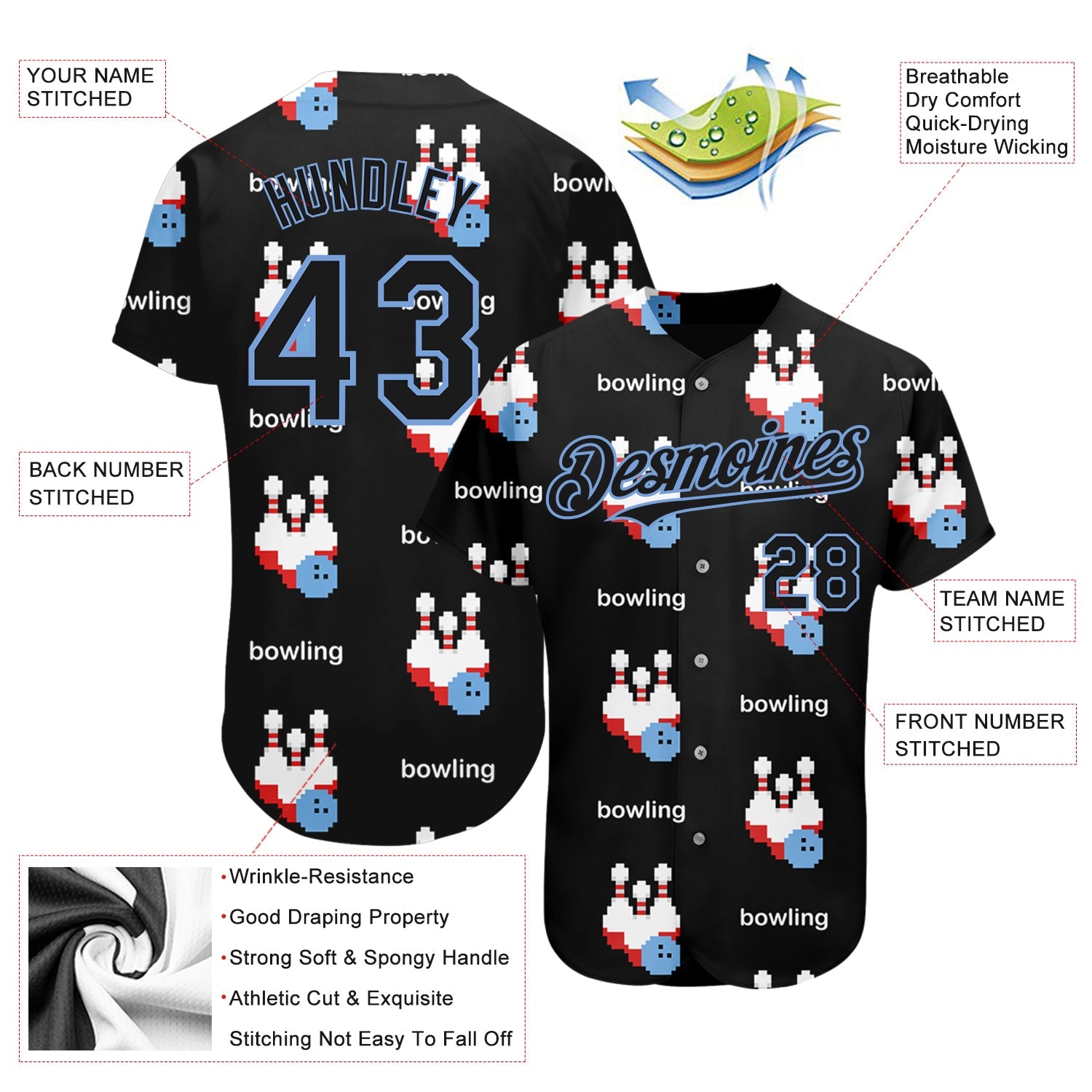 Custom Black Light Blue 3D Pattern Design Bowling Authentic Baseball Jersey - Sky-Custom