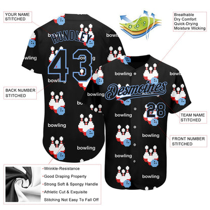 Custom Black Light Blue 3D Pattern Design Bowling Authentic Baseball Jersey - Sky-Custom