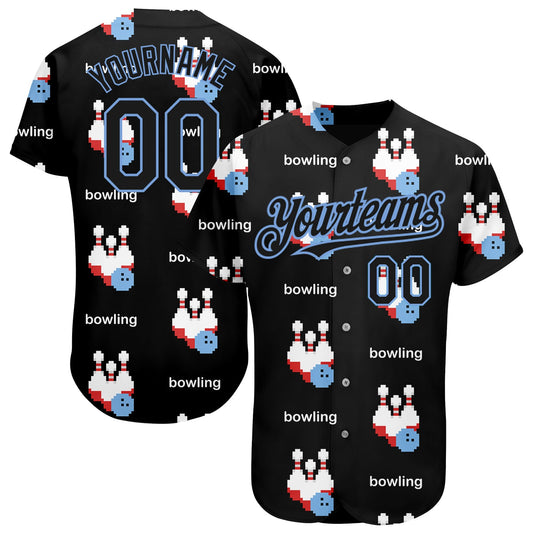Custom Black Light Blue 3D Pattern Design Bowling Authentic Baseball Jersey - Sky-Custom
