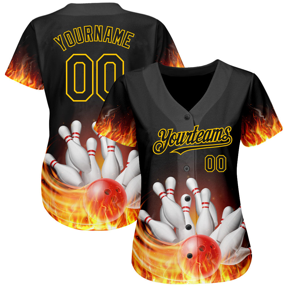 Custom Black Gold 3D Pattern Design Flame Bowling Authentic Baseball Jersey - Sky-Custom