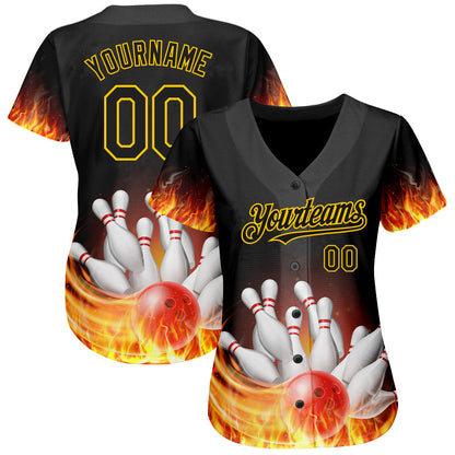 Custom Black Gold 3D Pattern Design Flame Bowling Authentic Baseball Jersey - Sky-Custom