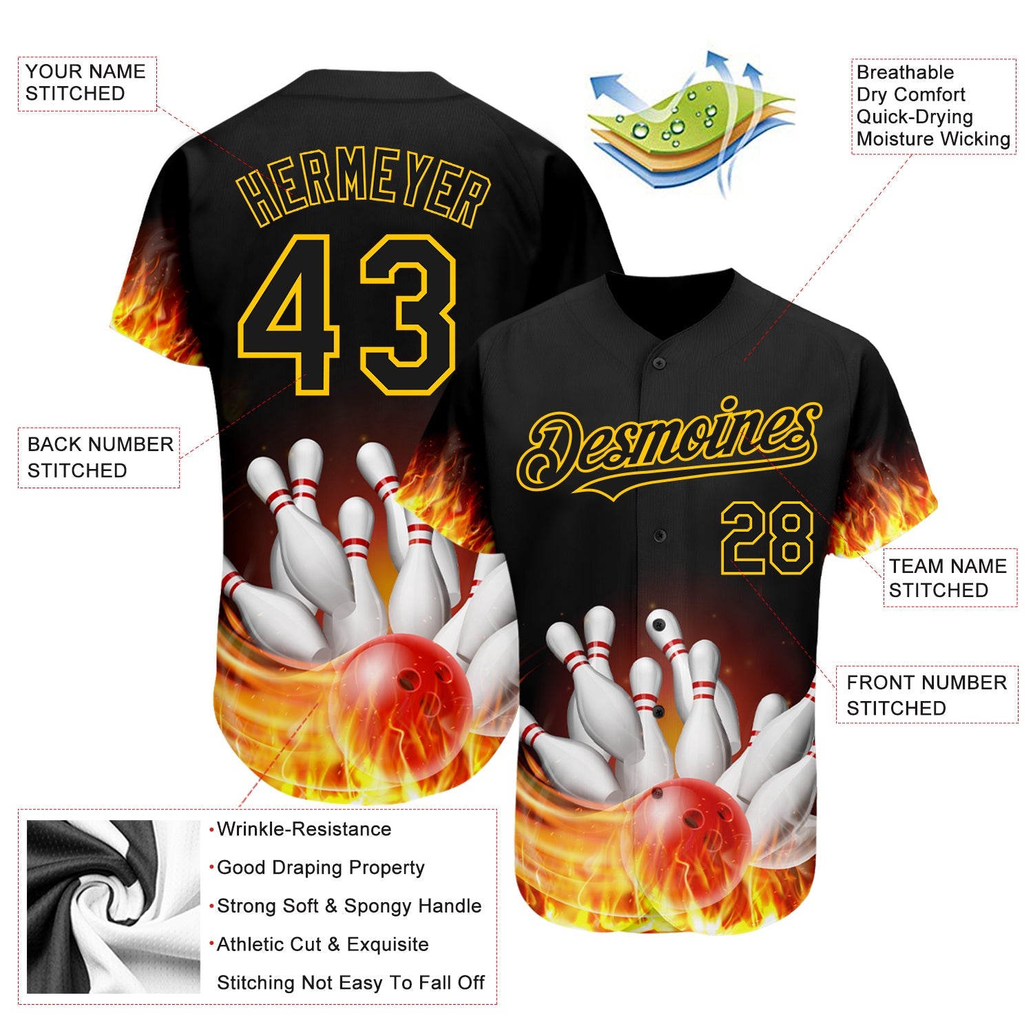 Custom Black Gold 3D Pattern Design Flame Bowling Authentic Baseball Jersey - Sky-Custom