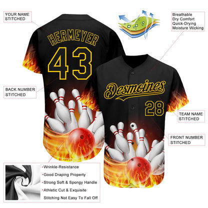 Custom Black Gold 3D Pattern Design Flame Bowling Authentic Baseball Jersey - Sky-Custom