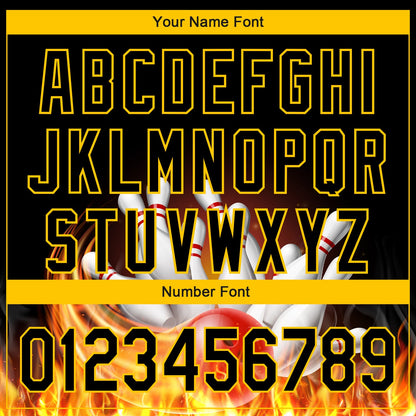 Custom Black Gold 3D Pattern Design Flame Bowling Authentic Baseball Jersey - Sky-Custom