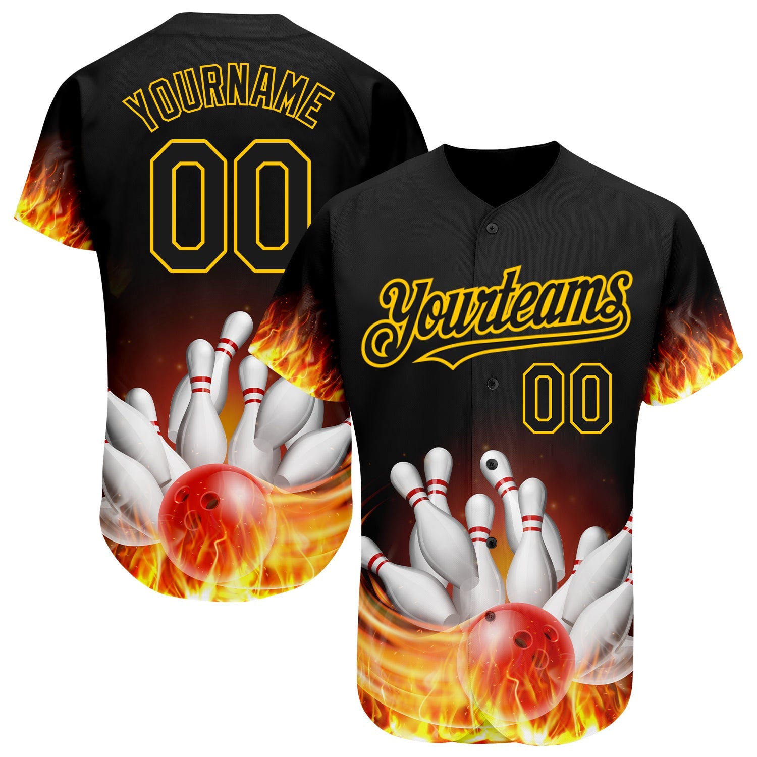 Custom Black Gold 3D Pattern Design Flame Bowling Authentic Baseball Jersey - Sky-Custom