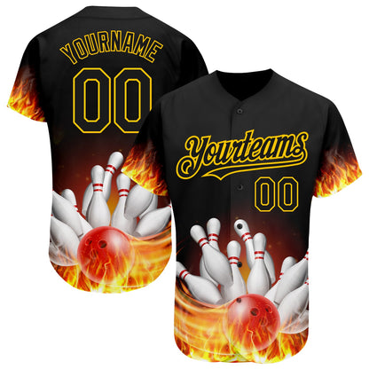Custom Black Gold 3D Pattern Design Flame Bowling Authentic Baseball Jersey - Sky-Custom