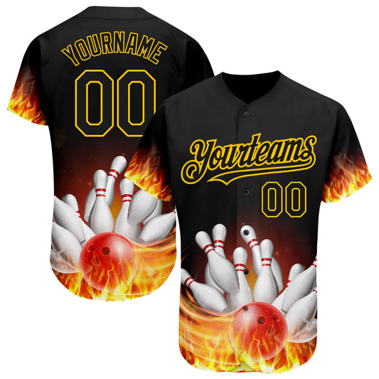 Custom Black Gold 3D Pattern Design Flame Bowling Authentic Baseball Jersey - Sky-Custom