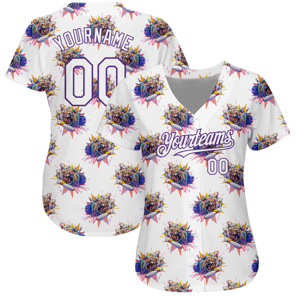 Custom White Purple 3D Pattern Design Growling Lion Among The Bowling Authentic Baseball Jersey - Sky-Custom