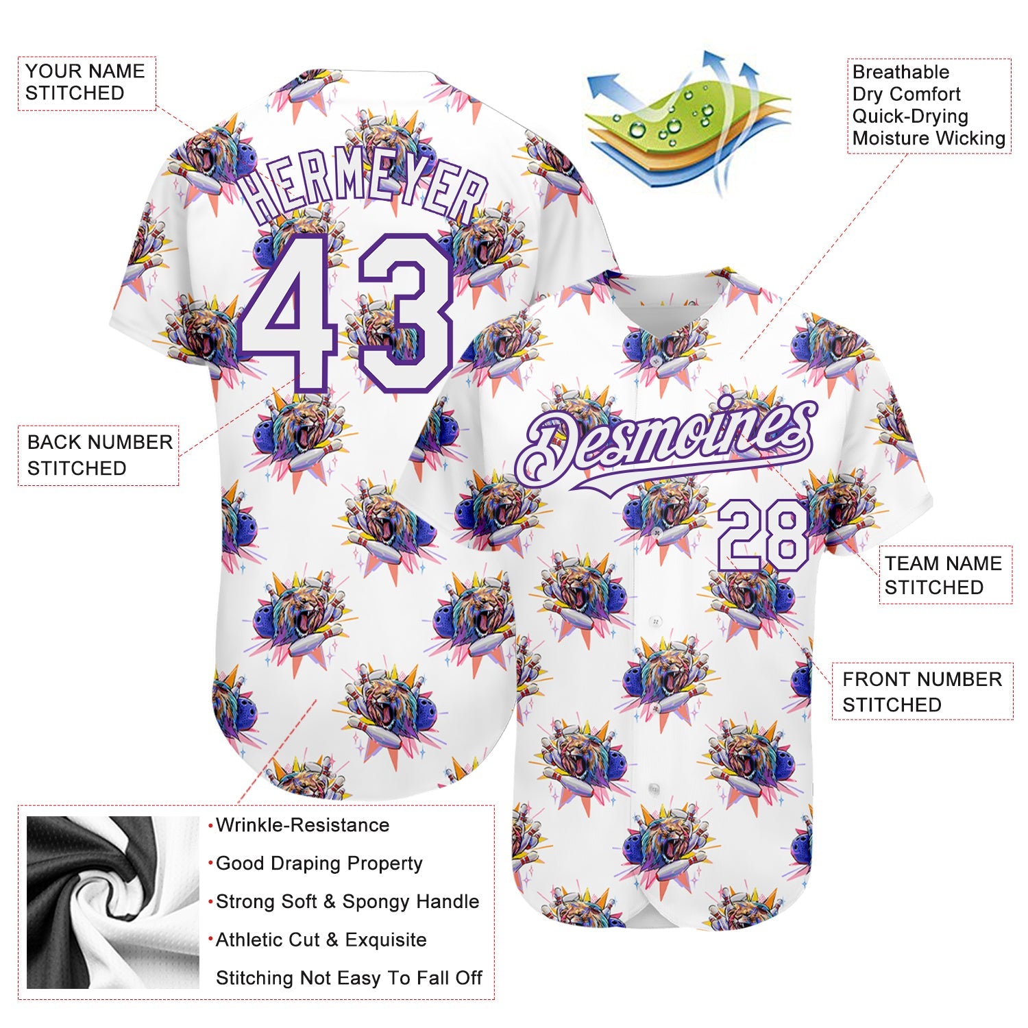 Custom White Purple 3D Pattern Design Growling Lion Among The Bowling Authentic Baseball Jersey - Sky-Custom