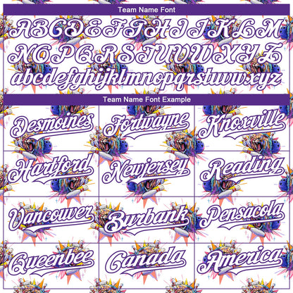 Custom White Purple 3D Pattern Design Growling Lion Among The Bowling Authentic Baseball Jersey - Sky-Custom