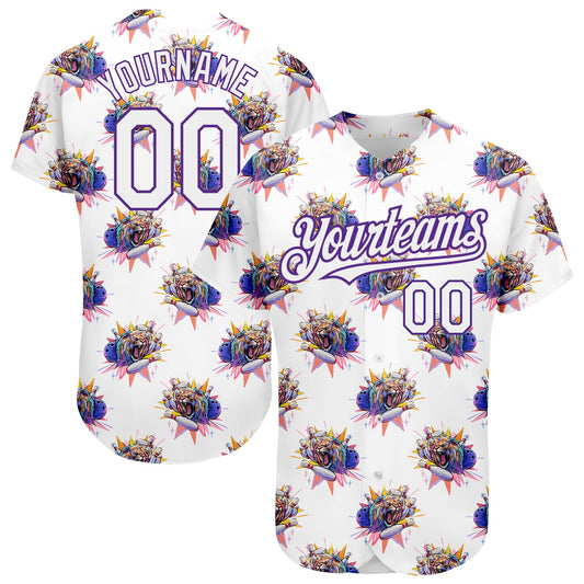Custom White Purple 3D Pattern Design Growling Lion Among The Bowling Authentic Baseball Jersey - Sky-Custom