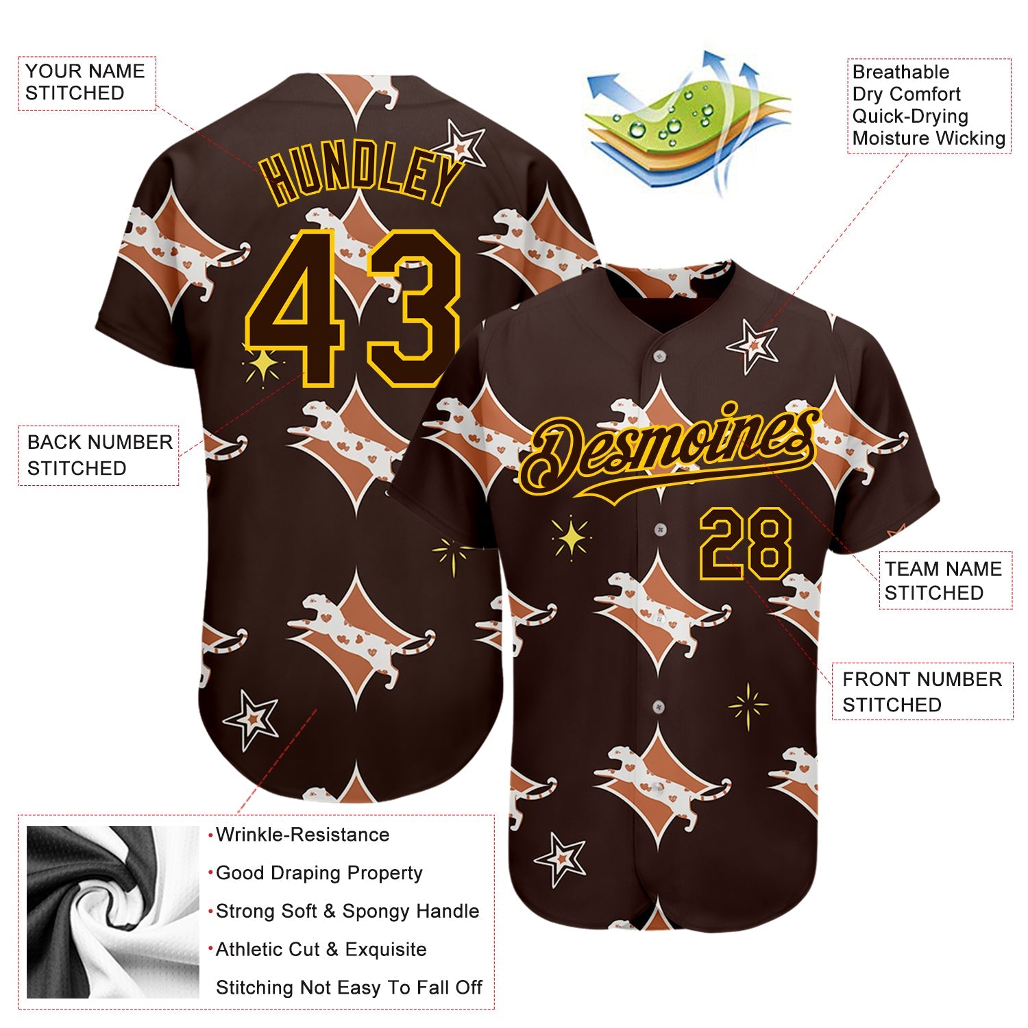 Custom Brown Yellow 3D Pattern Design Leopard Authentic Baseball Jersey - Sky-Custom