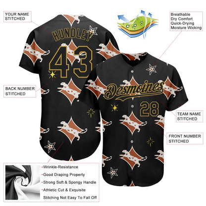 Custom Black Old Gold 3D Pattern Design Leopard Authentic Baseball Jersey - Sky-Custom
