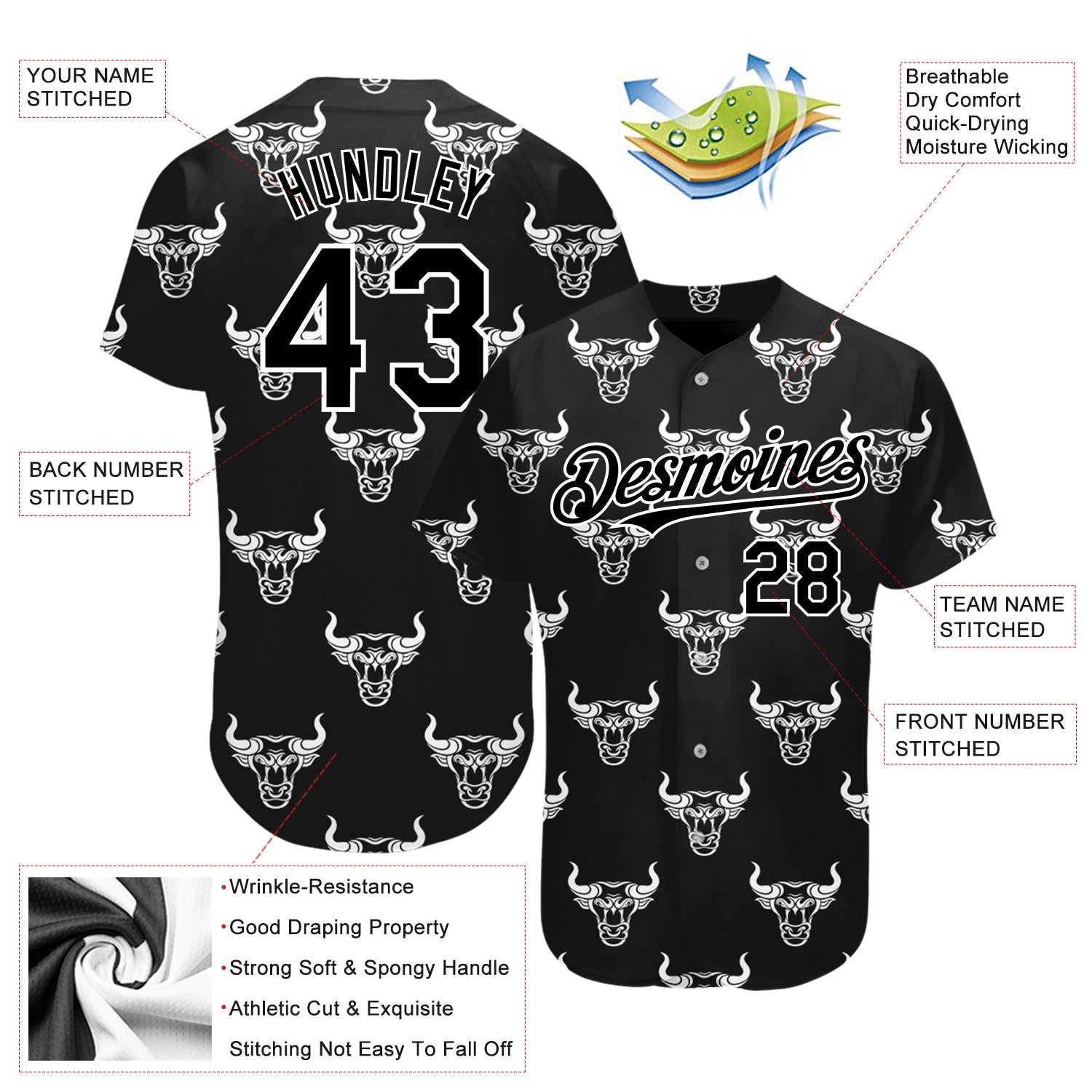 Custom Black White 3D Pattern Design Ox Authentic Baseball Jersey - Sky-Custom