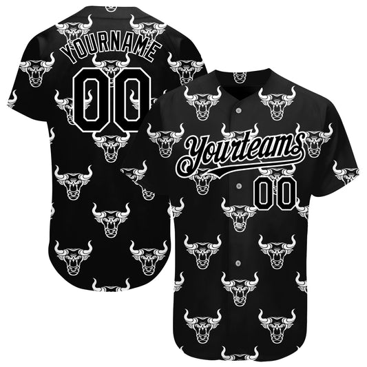 Custom Black White 3D Pattern Design Ox Authentic Baseball Jersey - Sky-Custom