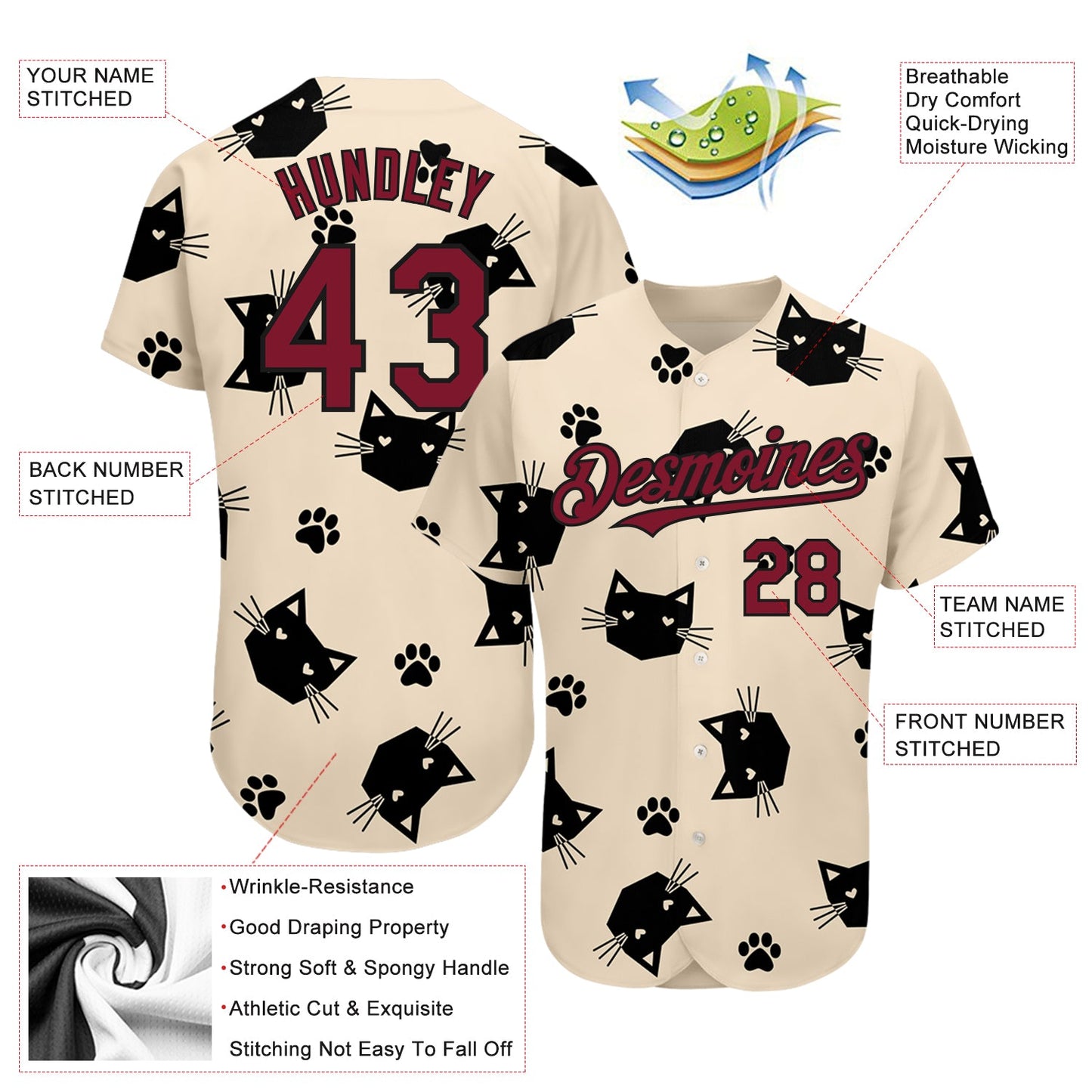 Custom Cream Crimson-Black 3D Pattern Design Cat Authentic Baseball Jersey - Sky-Custom