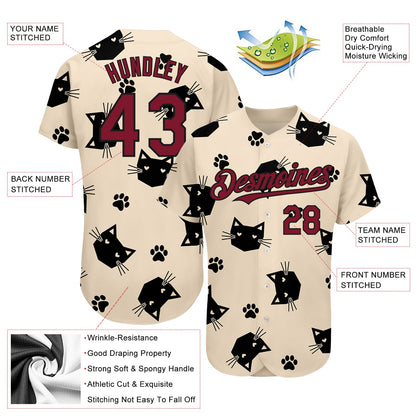 Custom Cream Crimson-Black 3D Pattern Design Cat Authentic Baseball Jersey - Sky-Custom