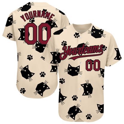 Custom Cream Crimson-Black 3D Pattern Design Cat Authentic Baseball Jersey - Sky-Custom