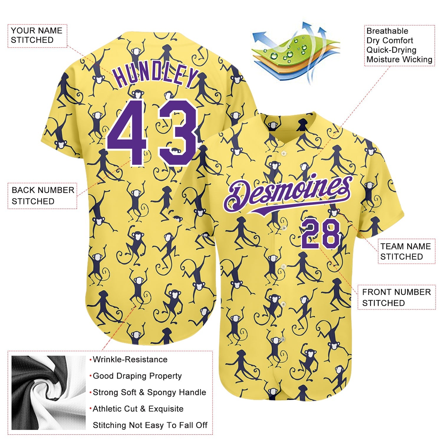 Custom Yellow Purple-White 3D Pattern Design Monkey Authentic Baseball Jersey - Sky-Custom