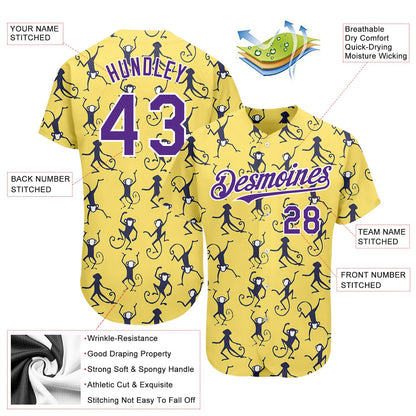 Custom Yellow Purple-White 3D Pattern Design Monkey Authentic Baseball Jersey - Sky-Custom