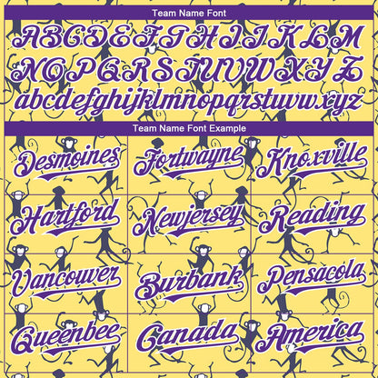 Custom Yellow Purple-White 3D Pattern Design Monkey Authentic Baseball Jersey - Sky-Custom