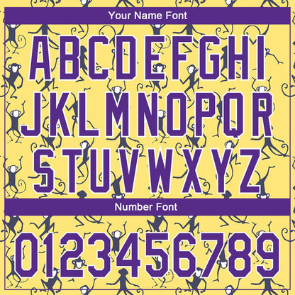 Custom Yellow Purple-White 3D Pattern Design Monkey Authentic Baseball Jersey - Sky-Custom