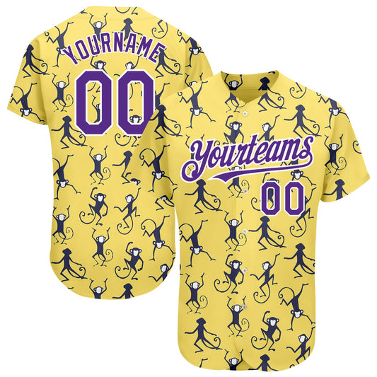 Custom Yellow Purple-White 3D Pattern Design Monkey Authentic Baseball Jersey - Sky-Custom