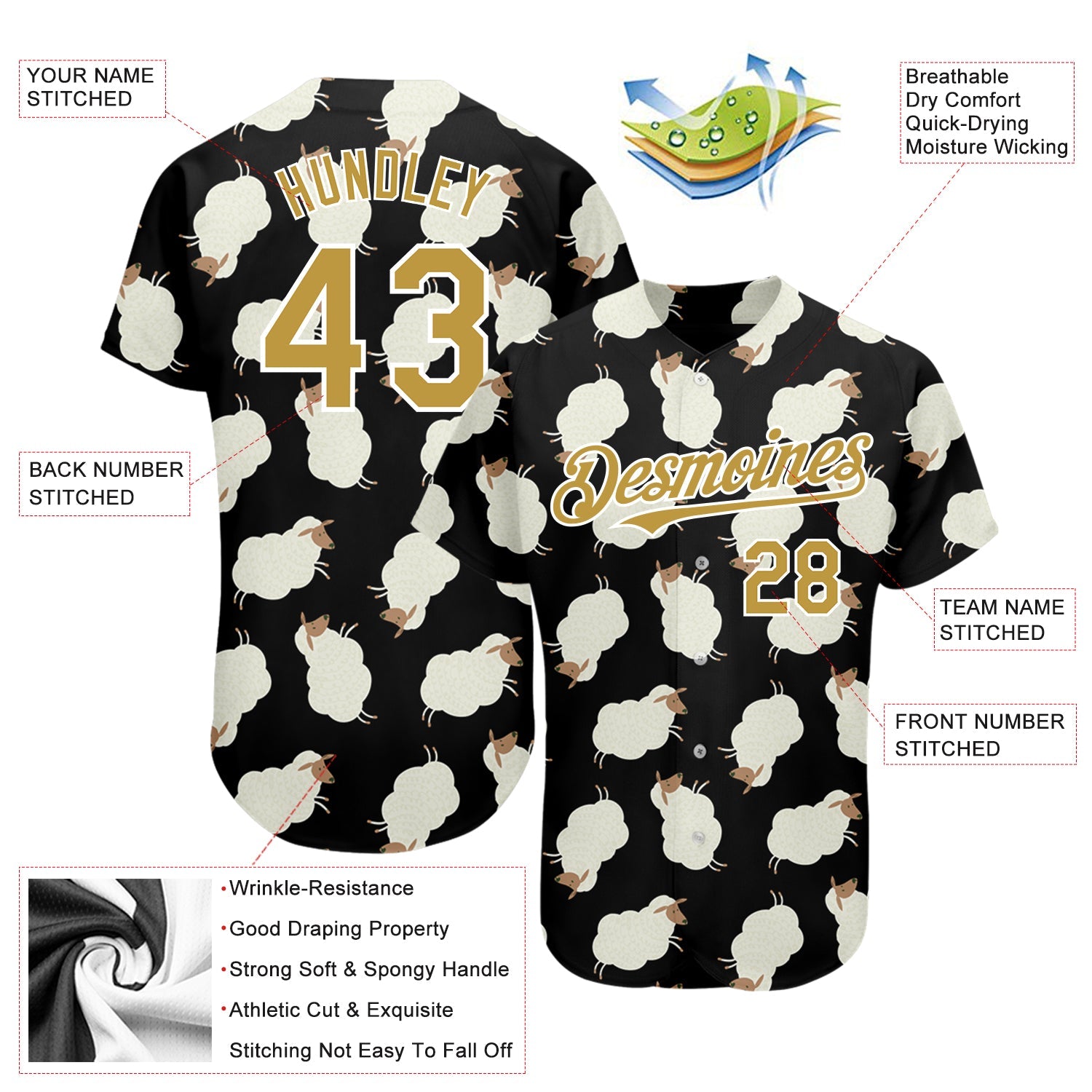 Custom Black Old Gold-White 3D Pattern Design Goat Authentic Baseball Jersey - Sky-Custom