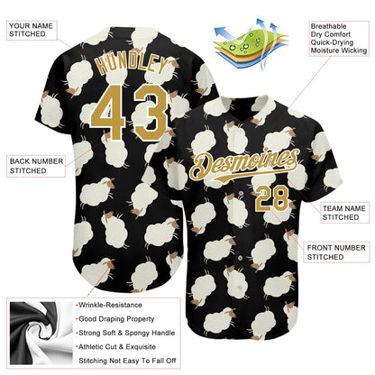 Custom Black Old Gold-White 3D Pattern Design Goat Authentic Baseball Jersey - Sky-Custom