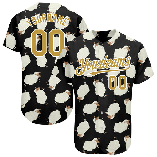 Custom Black Old Gold-White 3D Pattern Design Goat Authentic Baseball Jersey - Sky-Custom
