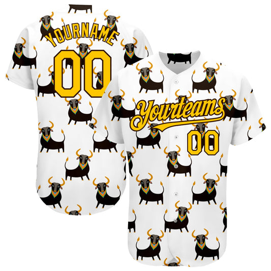 Custom White Yellow-Brown 3D Pattern Design Ox Authentic Baseball Jersey - Sky-Custom